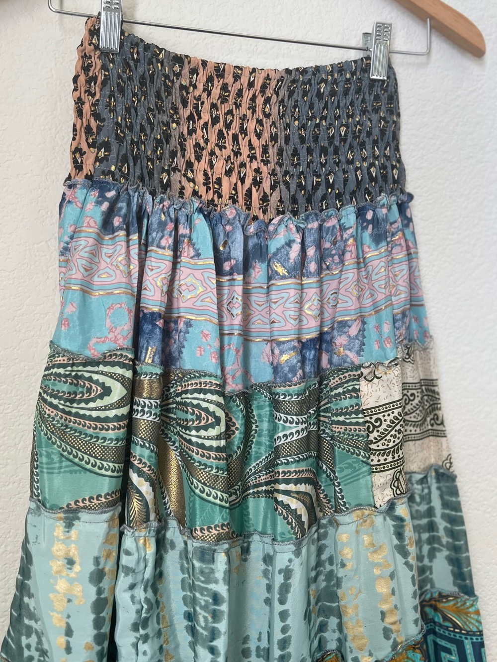 Boho Tiered Maxi Skirt in Teal Multicolor Patchwork - Picture 4 of 9